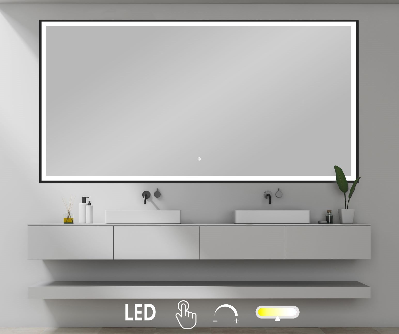 Firkantet spejl med matsort ramme integreret LED lys, front lysstyring - flere størrelser