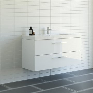 Dansani Mido+ badeværelsesmøbel 121cm m/2 skuffer og greb, Hvid højglans Inkl. GRATIS indretningsbakke